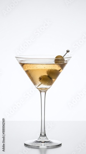 A cold gin martini with green olives in a glass served as a refreshing alcoholic cocktail at a bar party