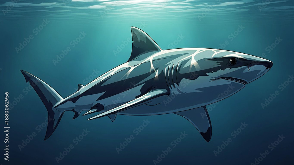 Obraz premium A magnificent and powerful great white shark gracefully swims through the cool, deep blue waters of the ocean, a symbol of raw wild nature and marine might