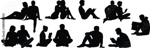 People sitting silhouette collection with reading relaxing talking poses showing casual lifestyle friendship leisure activities vector illustration set
