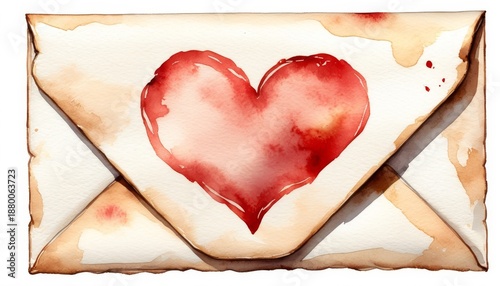 Watercolor envelope with heart-shaped seal, muted vintage palette