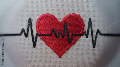 Embroidered red heart with black ecg line on white fabric
