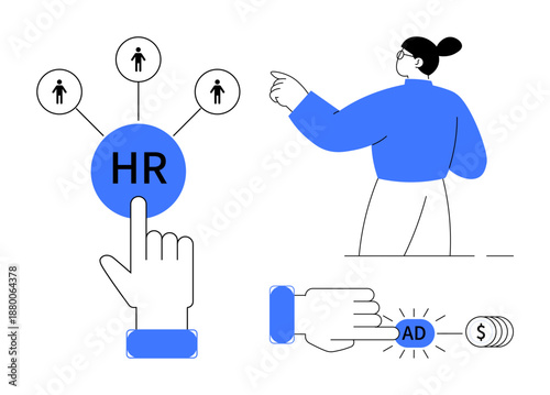 Human resources, online advertising, recruitment, workforce management, financial planning, digital marketing concepts. A hand selects HR, a finger taps AD money icon included. Recruitment