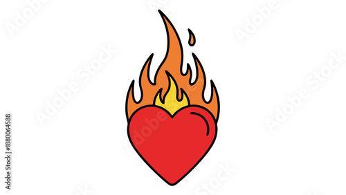 Illustration of a red heart engulfed in flames, symbolizing passion and love, in a simple graphic style.