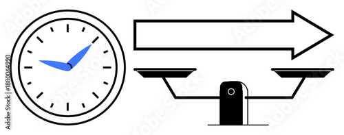 Time management, decision making, productivity, efficiency, work-life balance, strategy. A clock, an arrow and a balance scale. Time management and decision making ideas