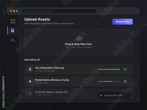 The screen displays a file upload interface for users to add vector and infographic files to their library. It shows progress bars for multiple file uploads.