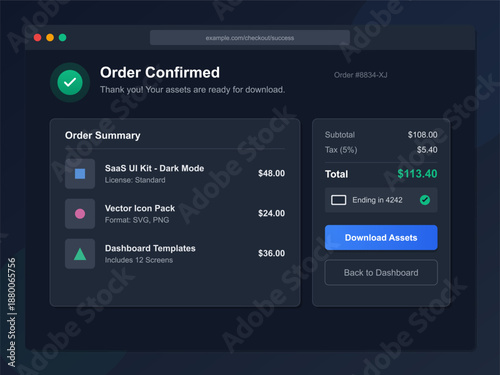 User receives an order confirmation on a digital platform. The summary lists assets ordered, including a SaaS UI kit, vector icons, and dashboard templates.