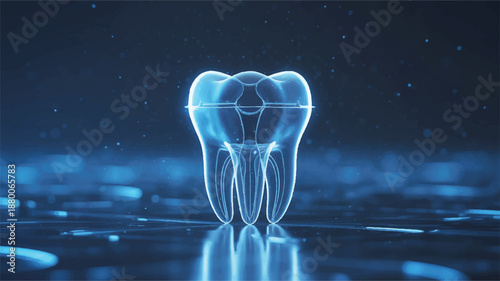 Glowing blue transparent tooth with internal anatomy and nerves on abstract background