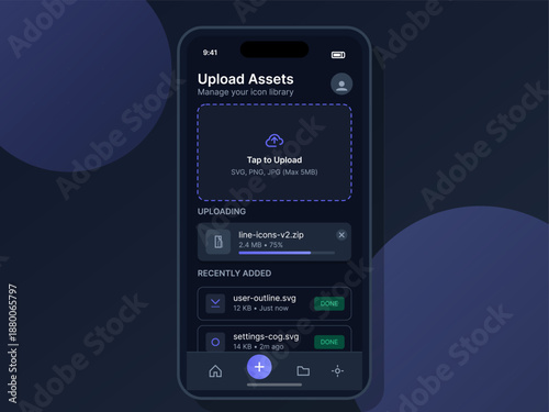 A mobile application screen shows the process of uploading assets including SVG and ZIP files. It features user management tools and recently added icons.