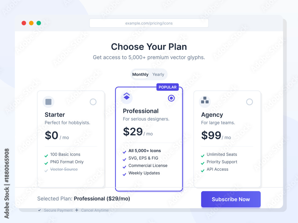 Obraz premium A subscription selection screen presenting different plans to access premium vector icons. Users can choose monthly or yearly billing options based on needs.