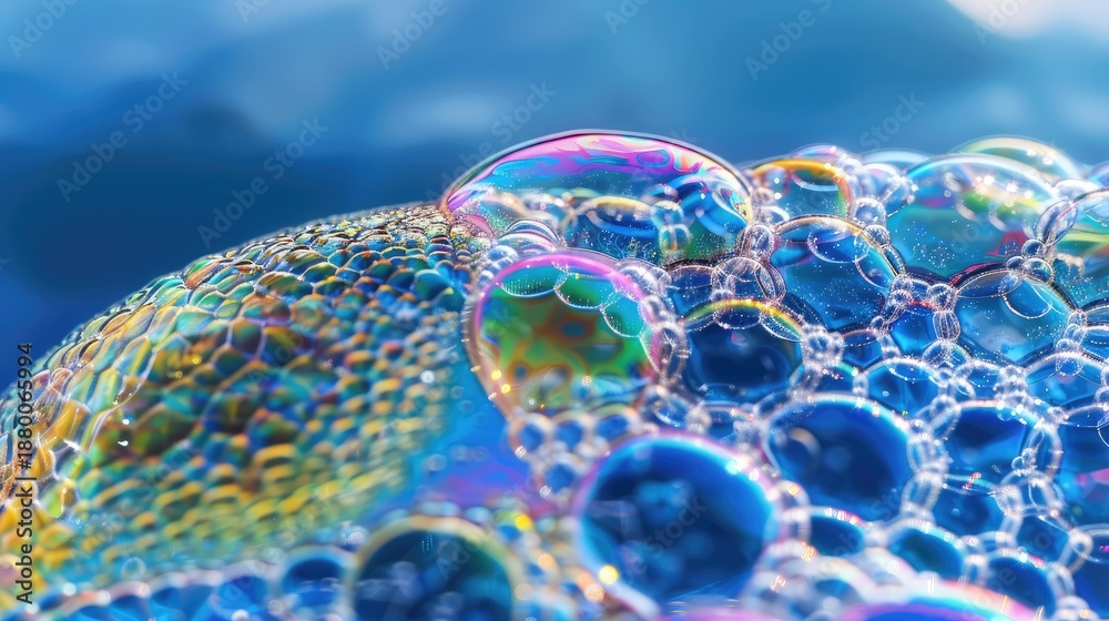 Naklejka premium Vibrant iridescent bubbles floating in shimmering blue liquid
