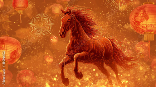 A fiery, dynamic illustration of a horse in mid-gallop, amidst a backdrop of celebration, red lanterns, and fireworks, embodying the festive atmosphere.