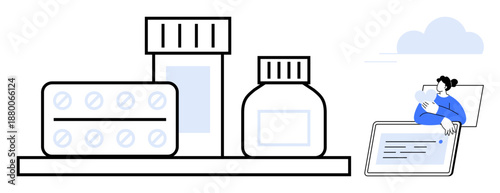 Medication management concept. Medication bottles and pills pharmacy services and online health consultation. Medication connecting patients with digital healthcare solutions. telemedicine, pharmacy