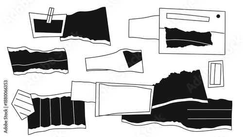 Scrapbook elements collage with torn paper and polaroid frame isolated on white background