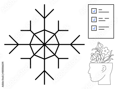 Geometric snowflake shape connects to checklist and blooming head, representing clarity, creativity, and structured thought. Ideal for brainstorming, goals, focus, planning, mindfulness innovation