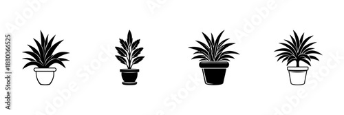 Potted Plant Silhouettes In Hand Drawn Style Set. Indoor Gardening, Home Decor, Botanical Illustration Doodle Sketch Collection. Minimalist Nature Art. Isolated Vector Illustration