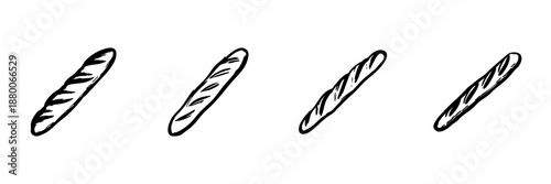 Baguette Bread Illustrations In Hand Drawn Style Set. French Bakery, Artisan Bread, Culinary Art Doodle Sketch Collection. Traditional Baking Elements. Isolated Vector Illustration