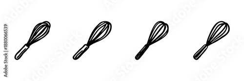 Whisk Icons In Hand Drawn Style Set. Kitchen Utensil, Baking, Cooking Tool Doodle Sketch Collection. Culinary Equipment Illustration. Isolated Vector Illustration