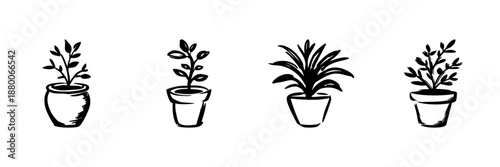 Potted Plants In Hand Drawn Style Set. Indoor Gardening, Home Decor, Greenery Doodle Sketch Collection. Botanical Illustration. Isolated Vector Illustration