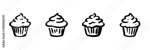 Four Cupcakes In Hand Drawn Style Set. Sweet Dessert, Bakery, Confectionery Doodle Sketch Collection. Whimsical Food Art. Isolated Vector Illustration