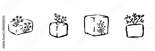 Ice Cubes With Plants In Hand Drawn Style Set. Nature And Growth In Frozen Environment Doodle Sketch Collection. Environmental Symbolism. Isolated Vector Illustration