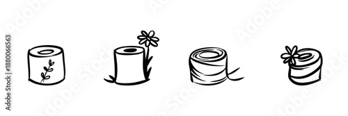 Toilet Paper Roll With Floral Elements In Hand Drawn Style Set. Eco-Friendly, Sustainable Bathroom Products Doodle Sketch Collection. Nature-Inspired Design. Isolated Vector Illustration