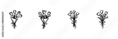 Bouquet Of Flowers In Hand Drawn Style Set. Floral Arrangement, Gift Giving, Celebration Doodle Sketch Collection. Romantic Gesture Illustration. Isolated Vector Illustration