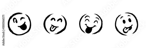 Playful Emoji Faces In Hand Drawn Style Set. Expressive Emoticons Showing Fun And Humor Doodle Sketch Collection. Whimsical And Cheerful Expressions. Isolated Vector Illustration