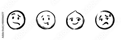 Four Hand Drawn Emoji Faces In Doodle Style Set. Expressive Emotions, Facial Expressions, Mood Representation Sketch Collection. Isolated Vector Illustration