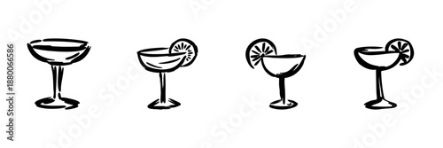 Cocktail Glasses With Citrus Garnish In Hand Drawn Style Set. Beverage Presentation, Mixology, Party Drink Doodle Sketch Collection. Barware Illustration. Isolated Vector Illustration