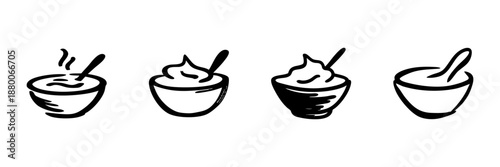 Bowls With Spoons In Hand Drawn Style Set. Food Serving, Meal Preparation, Culinary Art Doodle Sketch Collection. Kitchen Utensils Illustration. Isolated Vector Illustration