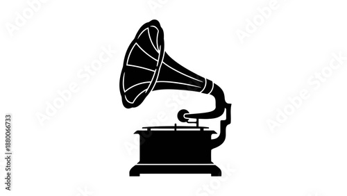 Vintage gramophone silhouette, classic music player with horn on white isolated on white background