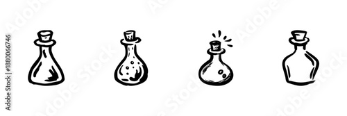 Potion Bottles In Hand Drawn Style Set. Magical Elixirs, Alchemy, And Fantasy Doodle Sketch Collection. Wizardry And Sorcery Elements. Isolated Vector Illustration