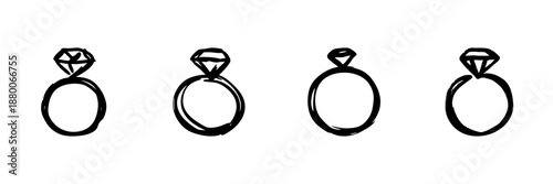 Diamond Engagement Rings In Hand Drawn Style Set. Symbol Of Love, Commitment, Marriage Proposal Doodle Sketch Collection. Romantic Jewelry Design. Isolated Vector Illustration