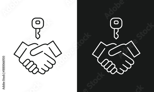 Real Estate Property Closing Handshake and Key Exchange Icon , Professional Residential Sales Agreement Vector Line Art for Mortgage Loans, Brokerage Deals, and Housing Ownership Success