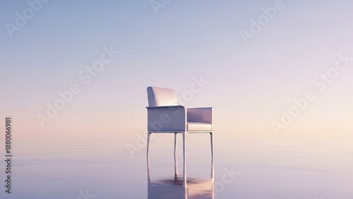 Solitary modern chair floats on calm water under a soft pastel sky