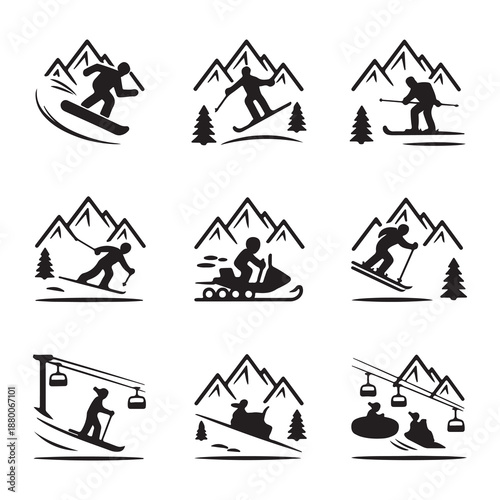 Winter Sports Vector Icon Set with Skiing, Snowboarding and Mountain Activities