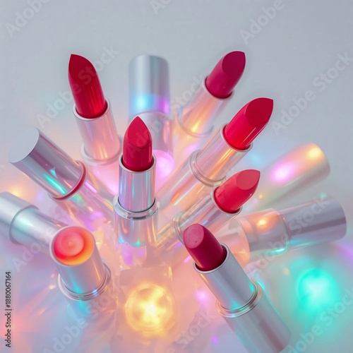 Colorful Lipsticks Arranged in a Circle With Lights Reflecting off Them on a ...