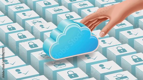 hand reaching for cloud storage icon among data security blocks