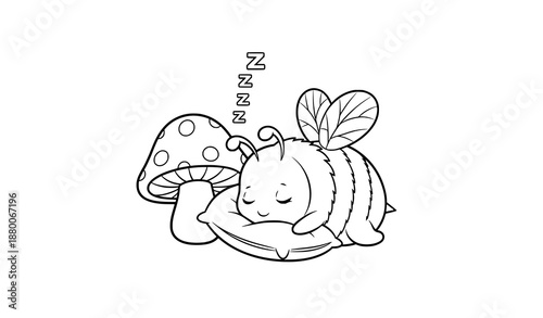 Cute sleeping kawaii bee and mushroom kids coloring page flat vector illustration