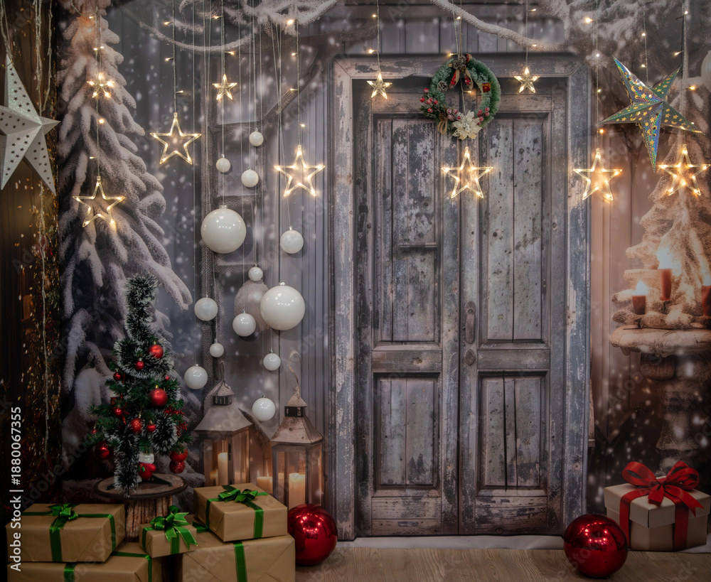 Fototapeta premium New Year interior of the room with old door and Christmas tree. Beautiful holiday decorated room.
