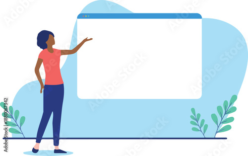 Woman standing with empty internet web browser, write your own text template. Flat design vector illustration with white background