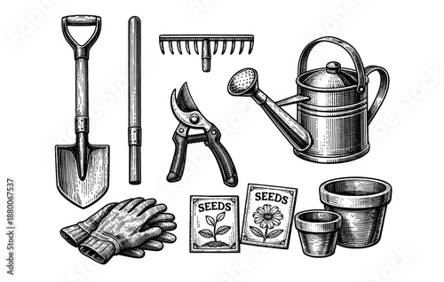 Vintage gardening tools set with plants and seed packets