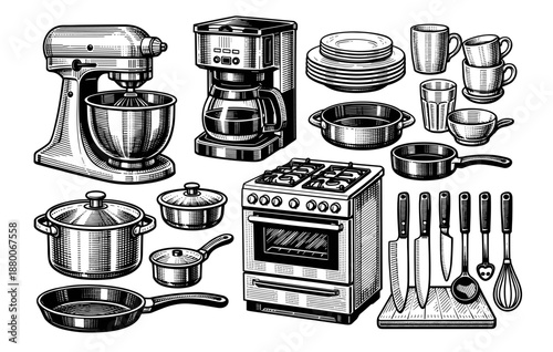 Vintage kitchen utensils and appliances illustration with mixer, stove, and cutlery