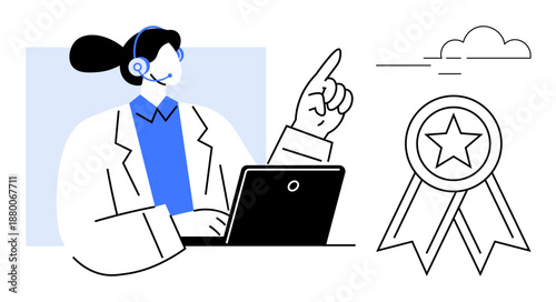 Customer service, support staff, professional development, quality assurance, remote assistance, recognition programs. Woman with a headset and pointing finger near laptop and ribbon badge. Customer