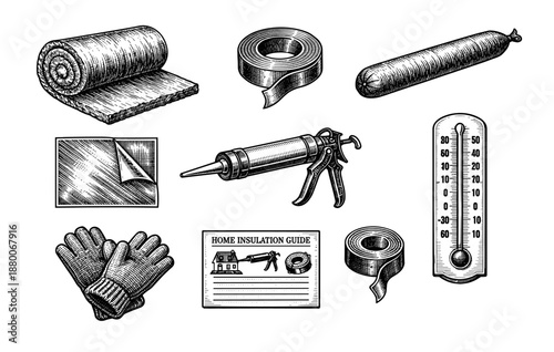 Home insulation tools: roll, tape, sealant, temperature gauge, gloves, guide