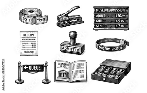 Vintage museum admission tools and icons featuring tickets and stamps