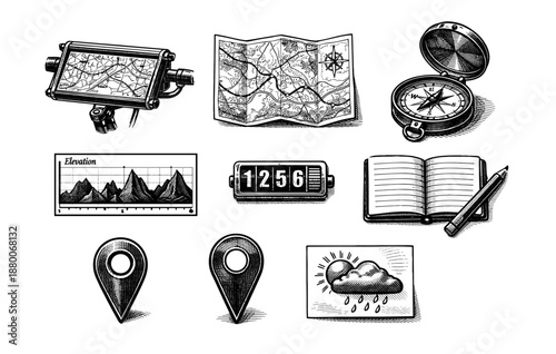 Vintage navigation tools and weather icons: compass, map, notebook, pins, mountain elevation chart
