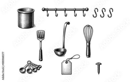 Vintage kitchenware collection: utensils, hooks, label, and screw with engraved detail