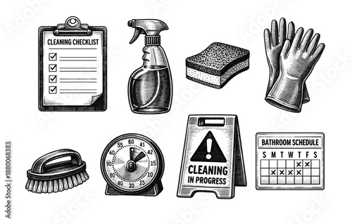 Vintage cleaning tools: checklist, spray bottle, sponge, gloves, brush, timer, sign, schedule
