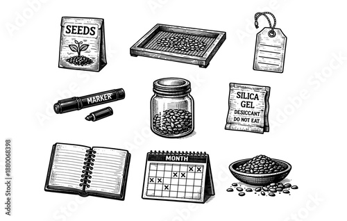 Garden planning set: seeds, marker, silica gel, calendar, tags, notebook, tray, bowl